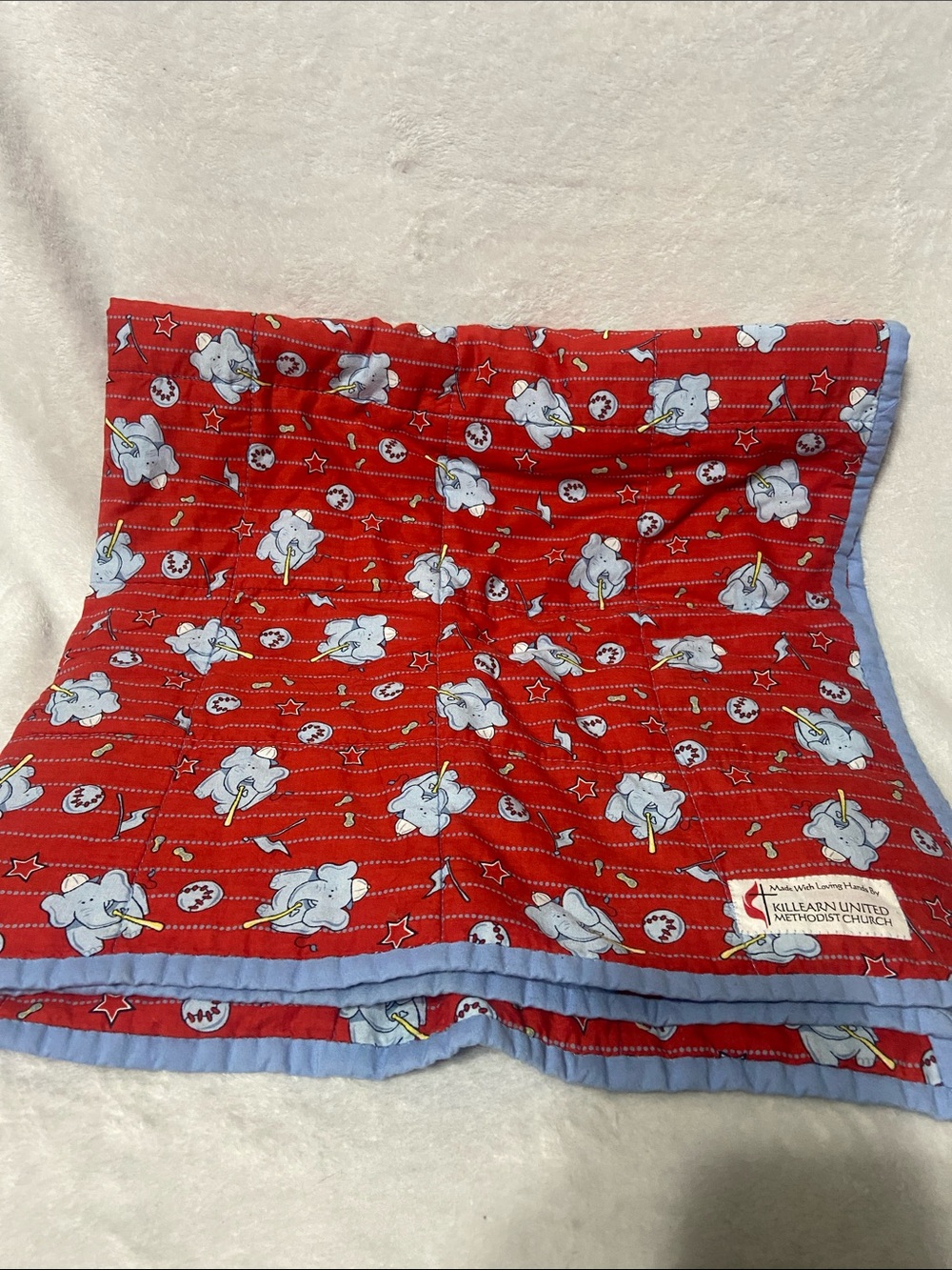 Red Elephant-Print Kids Shorts with Light Blue Trim by